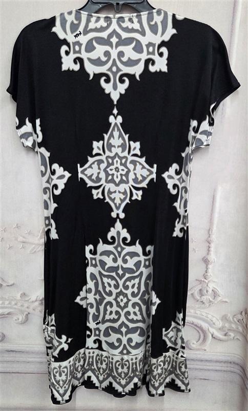 NWOT Hale Bob M Black Taupe Damask Beaded V Neck Dress 131912