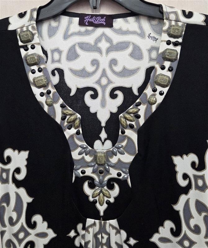 NWOT Hale Bob M Black Taupe Damask Beaded V Neck Dress 131912