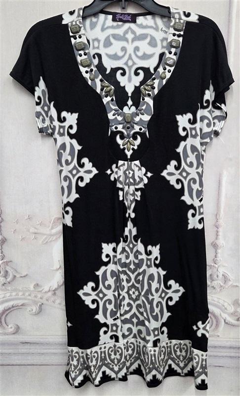 NWOT Hale Bob M Black Taupe Damask Beaded V Neck Dress 131912
