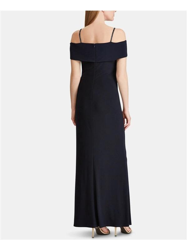 NWT Ralph Lauren 12 Navy Beaded Strap Maxi Sheath Evening Gown Dress 131913