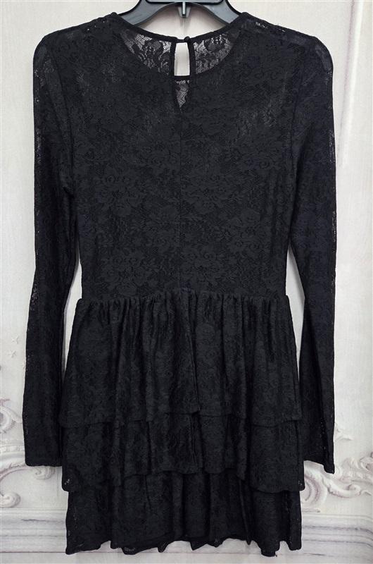 NWOT Tabby Lace Ruffle Tiered Crew Neck Long Sleeve Mini Dress Black 131918