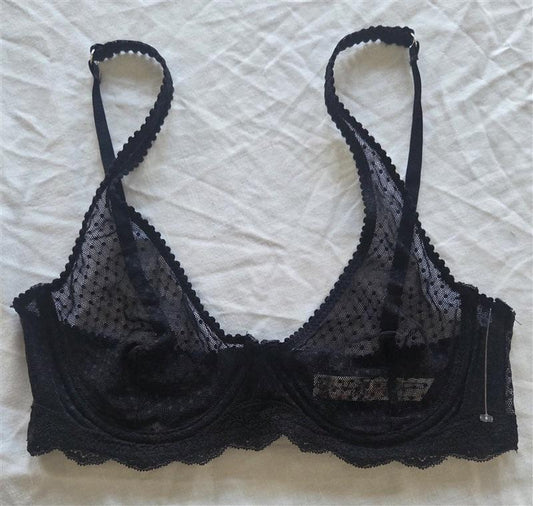 NWT Intimately Free People 34B Lace Underwire Sheer Bra Black Polka Dot 131966