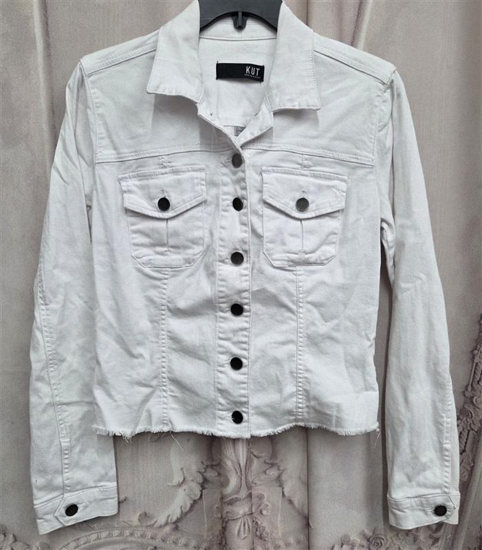 NWOT Kut From Kloth XS Crop Distressed Hem Denim Jacket White 131984
