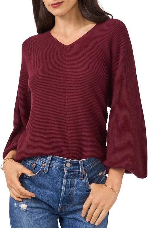 NWOT 1.State XXS Balloon-Sleeve Cotton Knit V-Neck Sweater Burgundy 131986