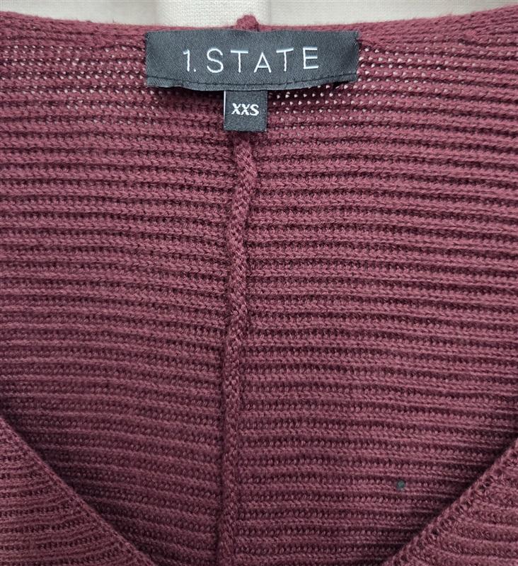 NWOT 1.State XXS Balloon-Sleeve Cotton Knit V-Neck Sweater Burgundy 131986