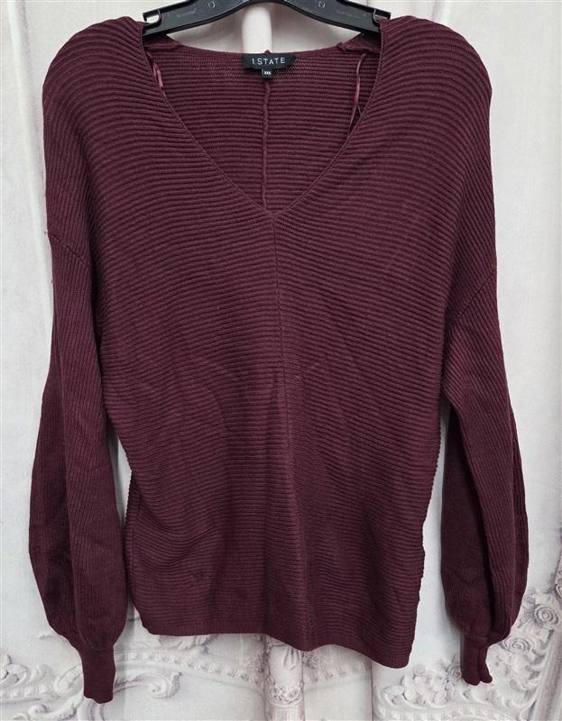 NWOT 1.State XXS Balloon-Sleeve Cotton Knit V-Neck Sweater Burgundy 131986