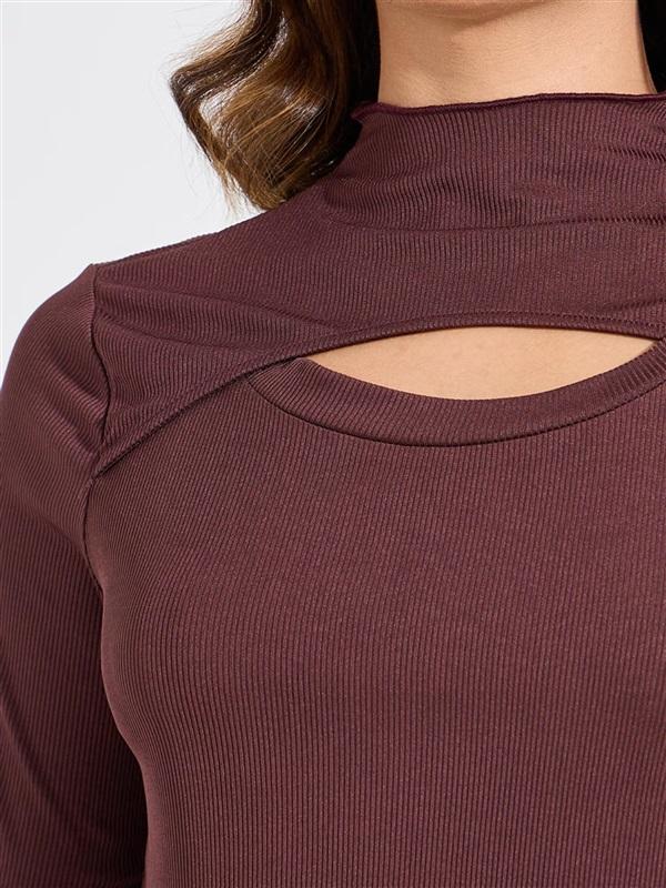 NWOT Noir XS Long Sleeve Peep Cut Out Brown Mock Neck Sweater 131992