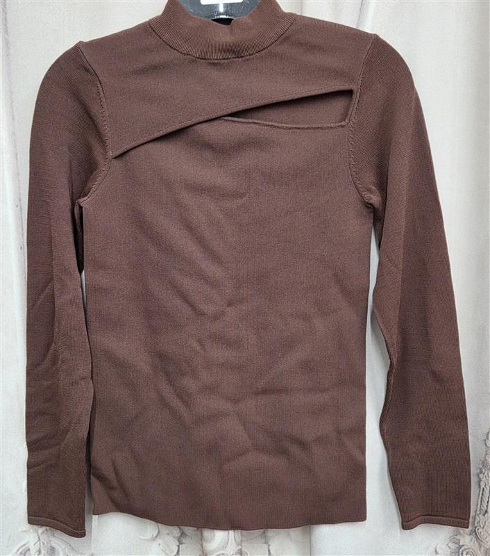 NWOT Noir XS Long Sleeve Peep Cut Out Brown Mock Neck Sweater 131992