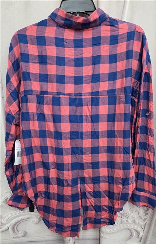NWT Liverpool XS Button Up Long Sleeve Plaid Pink Blue Top 131998