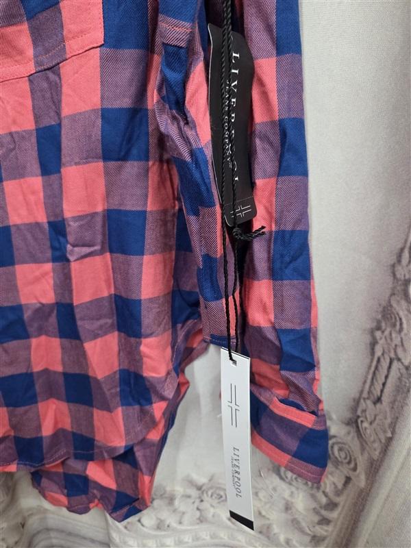 NWT Liverpool XS Button Up Long Sleeve Plaid Pink Blue Top 131998
