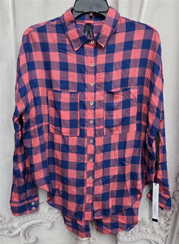 NWT Liverpool XS Button Up Long Sleeve Plaid Pink Blue Top 131998