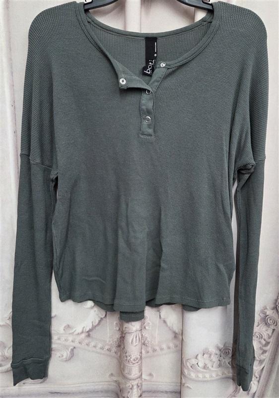 NWT Bobi XS Henley Waffle Knit Olive Green Crop Top 132004