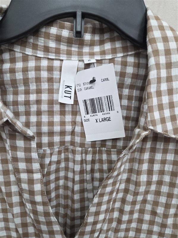NWT Kut from Kloth XL Open V Neck Button Up Gingham Plaid Shirt 132023
