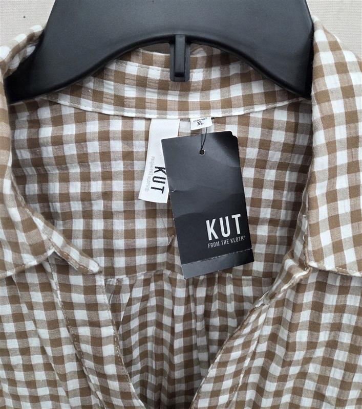 NWT Kut from Kloth XL Open V Neck Button Up Gingham Plaid Shirt 132023