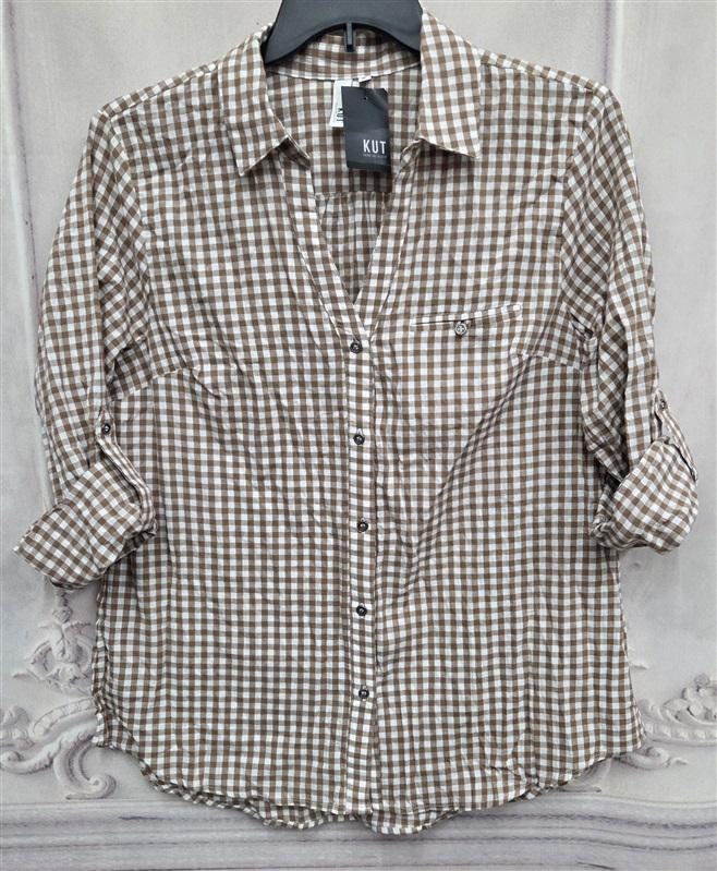 NWT Kut from Kloth XL Open V Neck Button Up Gingham Plaid Shirt 132023