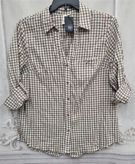NWT Kut from Kloth XL Open V Neck Button Up Gingham Plaid Shirt 132023