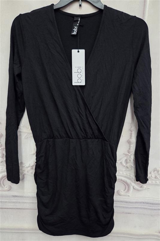 NWOT Bobi M Surplice Draped Modal Jersey Long Sleeve Dress Mini Black 132033