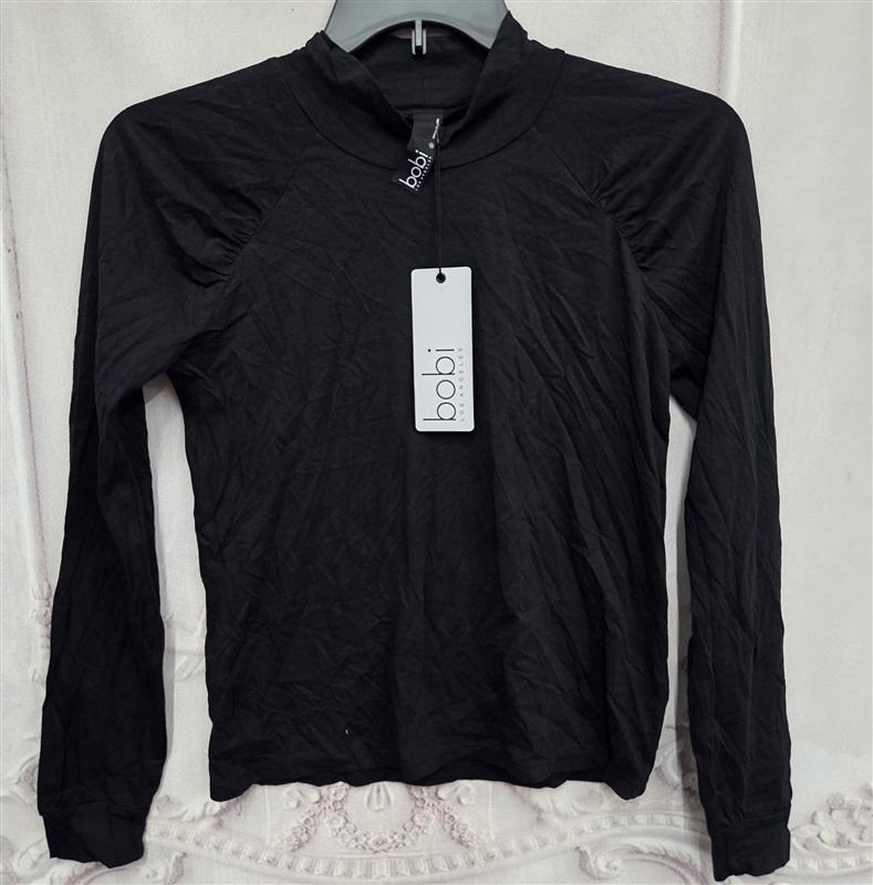 NWT Bobi S Mock Neck Pleated Shoulder Long Sleeve T Shirt Black 132036