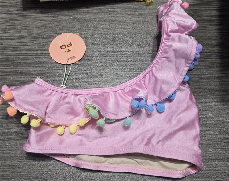 NWT Pilyq 12 Girls Swim Cabana Pink 1 Shoulder Pom Pom Bikini Top 132120