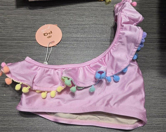 NWT Pilyq 12 Girls Swim Cabana Pink 1 Shoulder Pom Pom Bikini Top 132120
