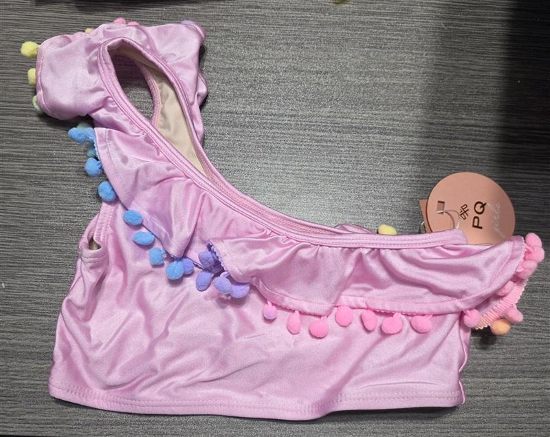 NWT Pilyq 12 Girls Swim Cabana Pink 1 Shoulder Pom Pom Bikini Top 132120