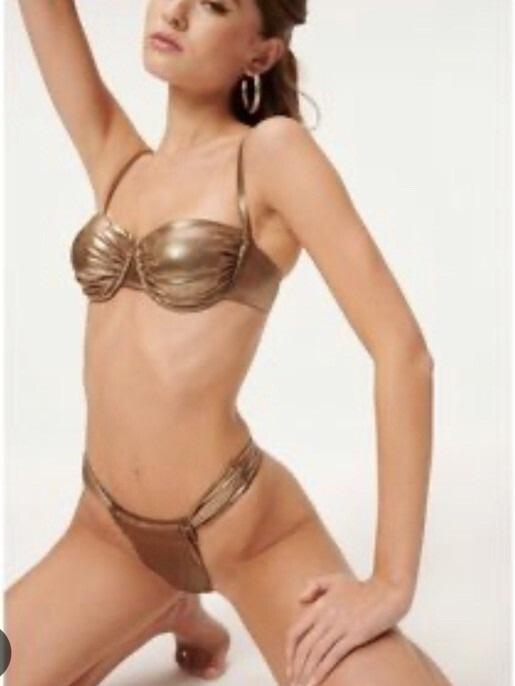 NWT Good American sz XL or 4 Mocha Gold Foil Ruched Bikini Bottom 132388