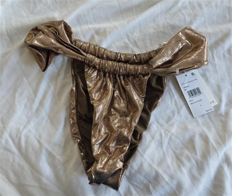 NWT Good American sz XL or 4 Mocha Gold Foil Ruched Bikini Bottom 132388