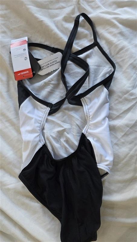 NWT Speedo 26 Relay Splice Swimsuit Black White Cross Back 132402