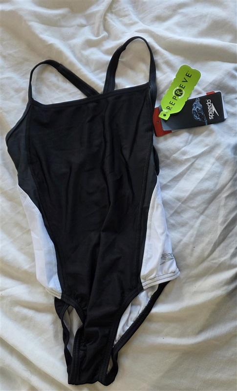 NWT Speedo 26 Relay Splice Swimsuit Black White Cross Back 132402