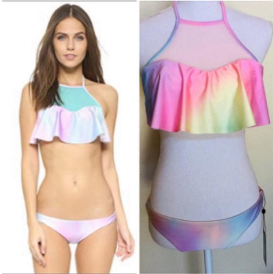 NWT WILDFOX S Pastel Rainbow Flounce Mesh Bikini Top High Neck 132486