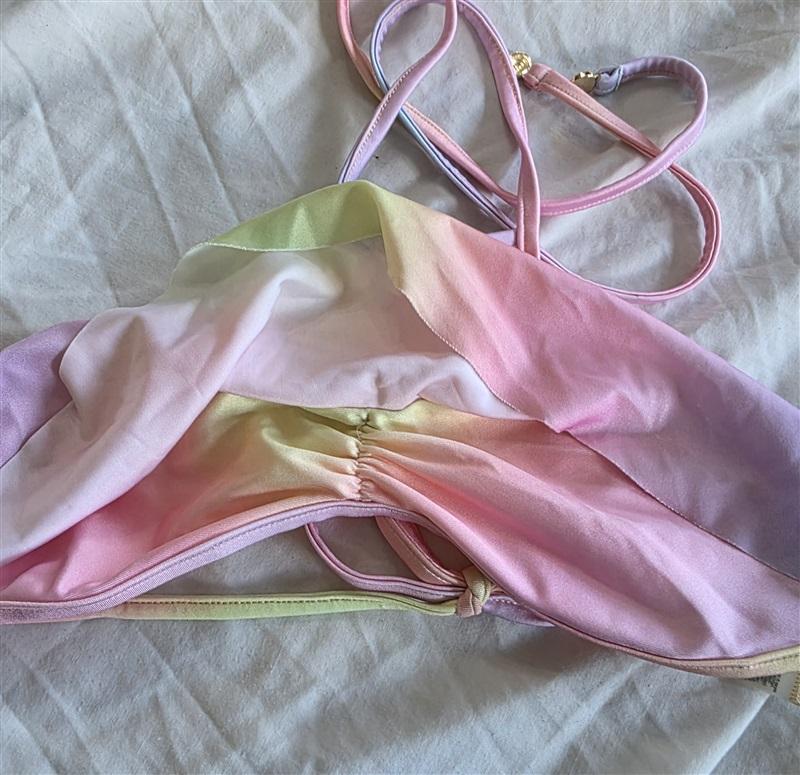 NWT WILDFOX S Pastel Rainbow Flounce Mesh Bikini Top High Neck 132486