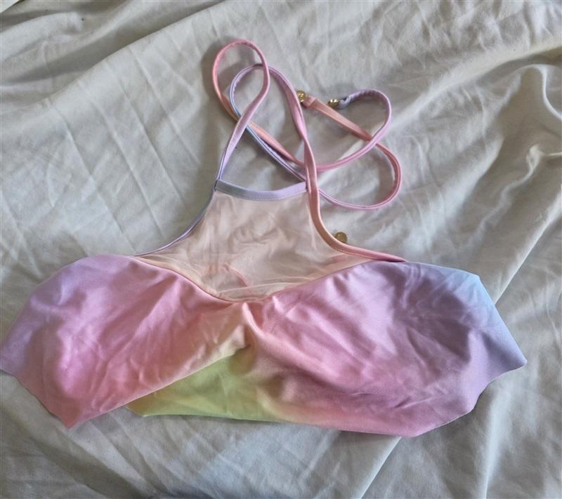 NWT WILDFOX S Pastel Rainbow Flounce Mesh Bikini Top High Neck 132486