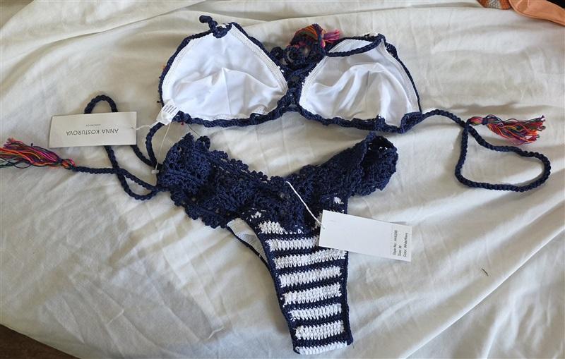 NWT Anna Kosturova L Bikini Top & M Bottom Blue Stripe Bella Swim Set 132487