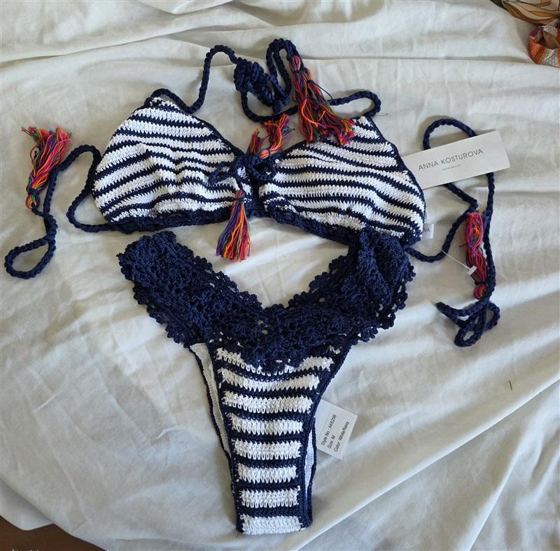 NWT Anna Kosturova L Bikini Top & M Bottom Blue Stripe Bella Swim Set 132487
