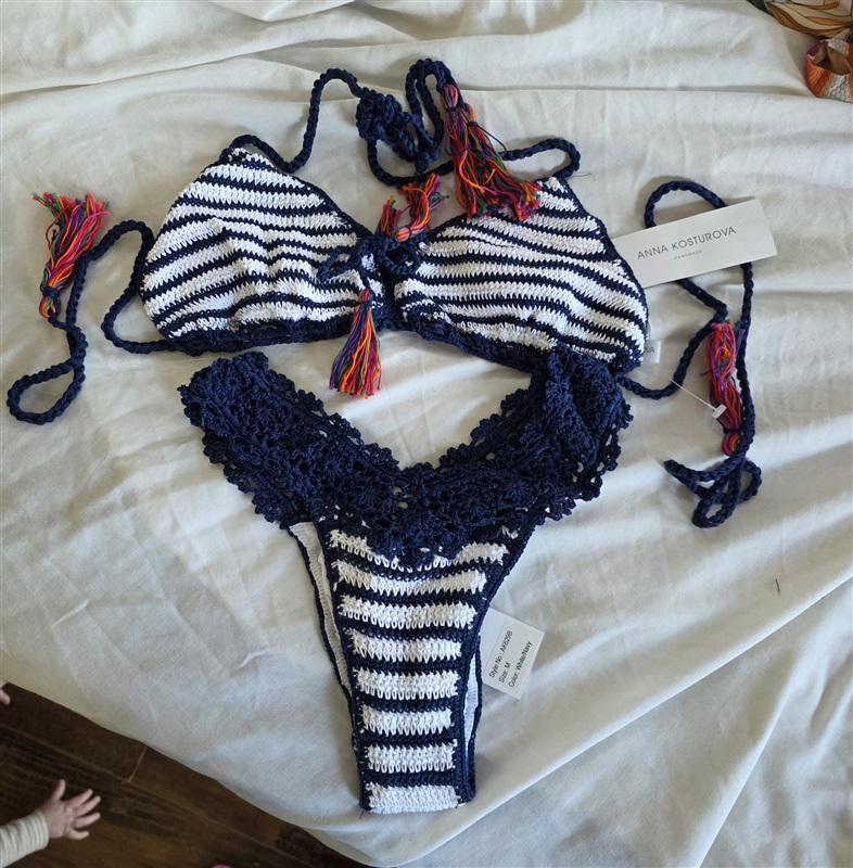 NWT Anna Kosturova L Bikini Top & M Bottom Blue Stripe Bella Swim Set 132487