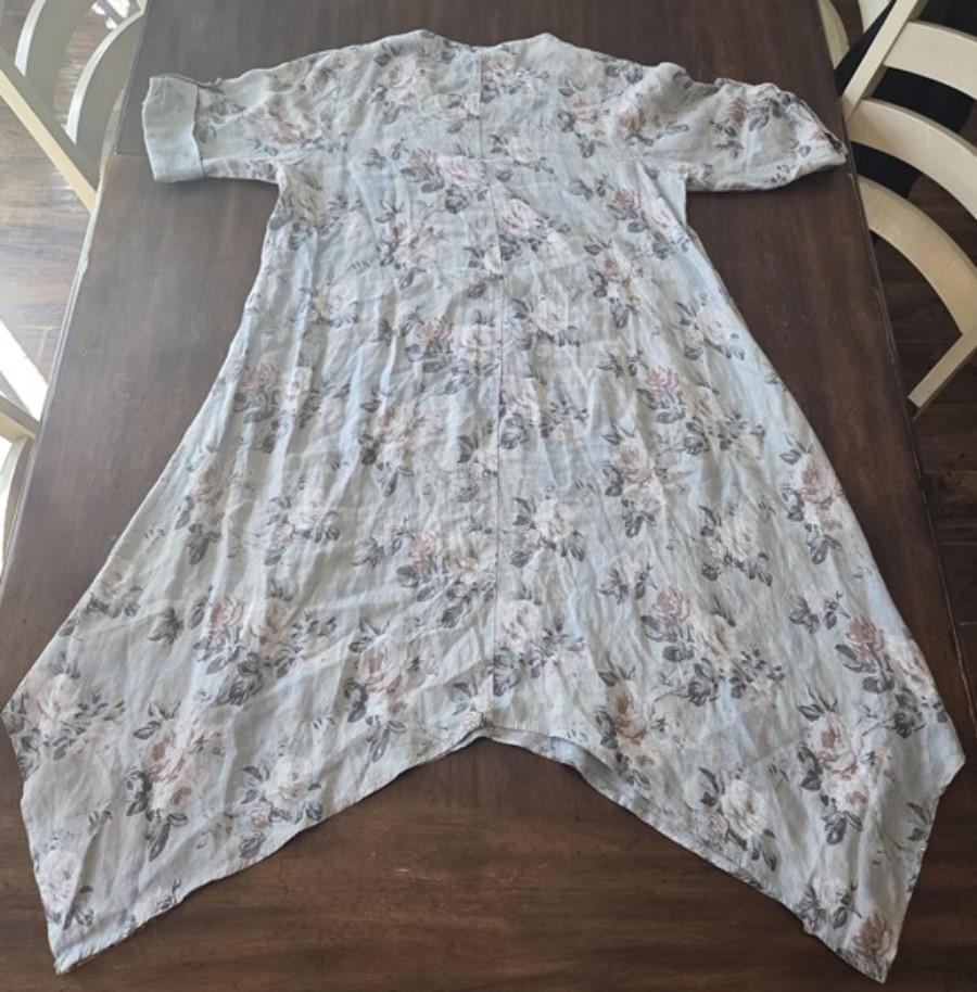 NWOT Lin Blanc 46 100% Linen Floral Roses Lagenlook Dress 132491