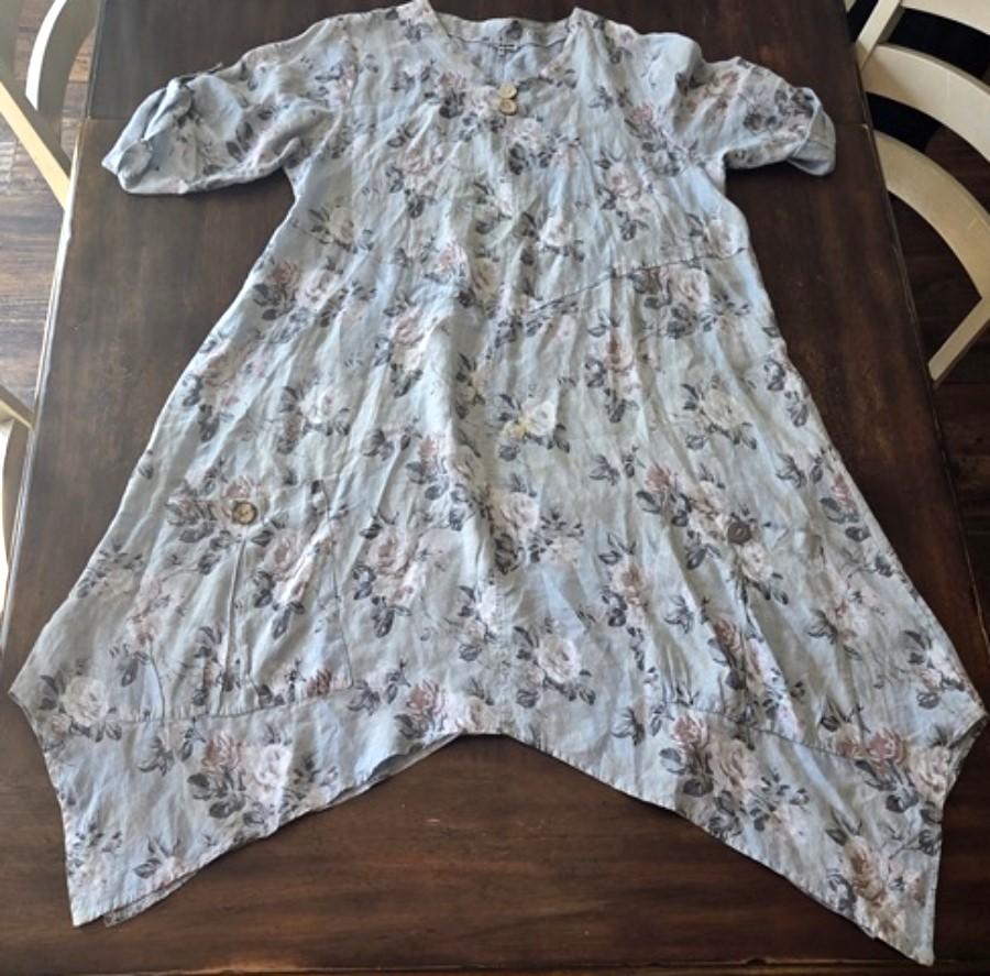 NWOT Lin Blanc 46 100% Linen Floral Roses Lagenlook Dress 132491