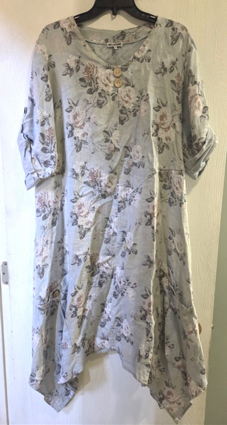 NWOT Lin Blanc 46 100% Linen Floral Roses Lagenlook Dress 132491