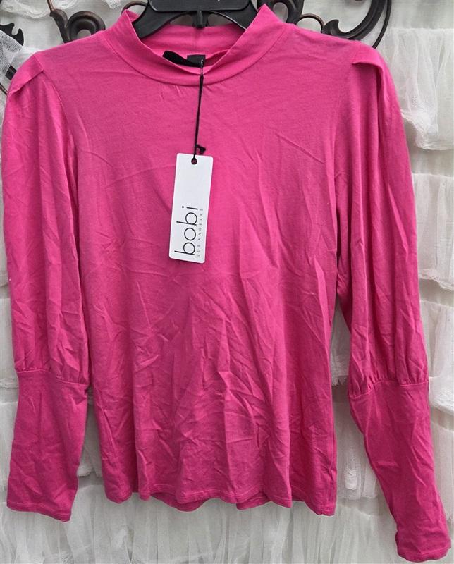 NWT Bobi M Mock Neck Pleated Shoulder Long Sleeve T Shirt Pink 132497