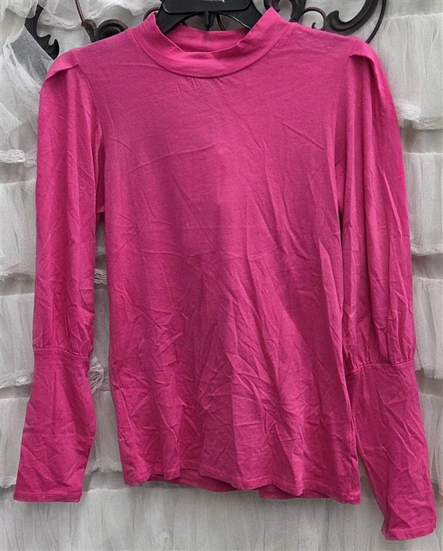 NWT Bobi M Mock Neck Pleated Shoulder Long Sleeve T Shirt Pink 132497