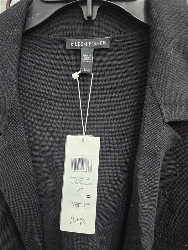 NWT Eileen Fisher L Notched Collar Silk Cotton Blend Cardigan Black 132498