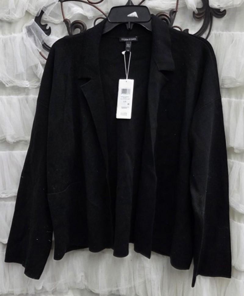 NWT Eileen Fisher L Notched Collar Silk Cotton Blend Cardigan Black 132498