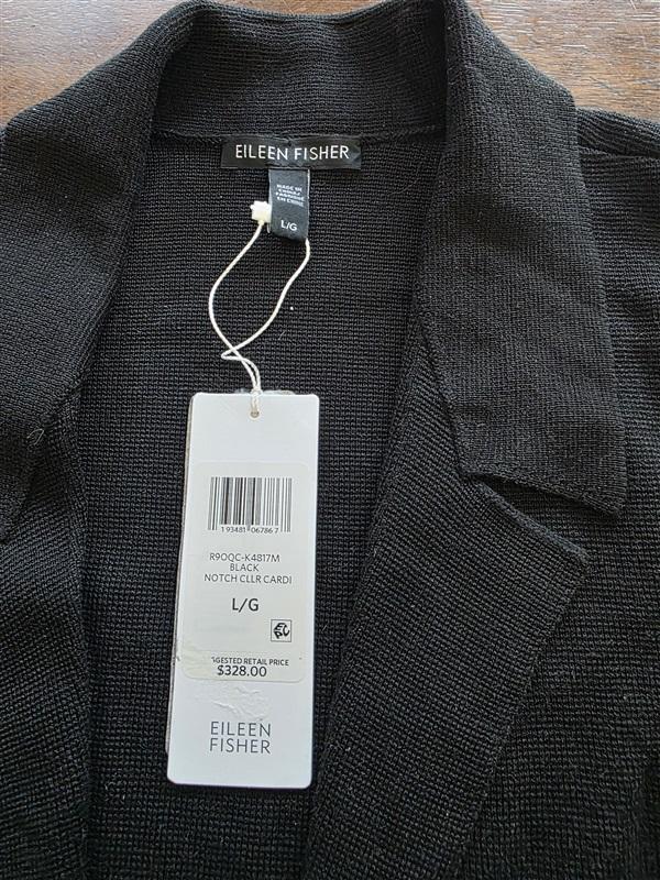 NWT Eileen Fisher L Notched Collar Silk Cotton Blend Cardigan Black 132498