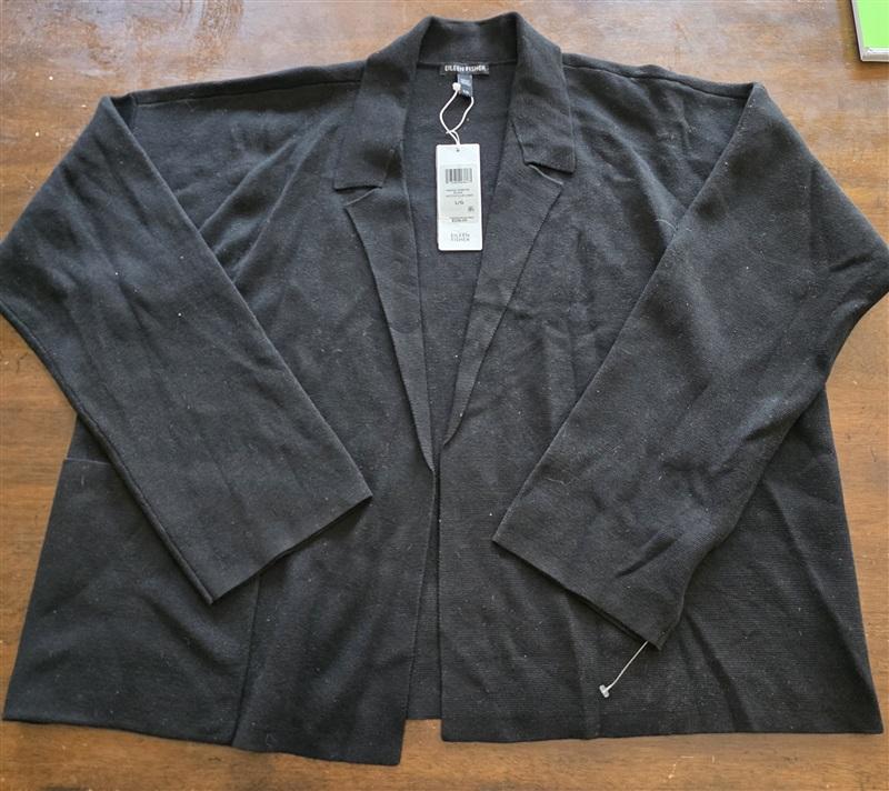 NWT Eileen Fisher L Notched Collar Silk Cotton Blend Cardigan Black 132498