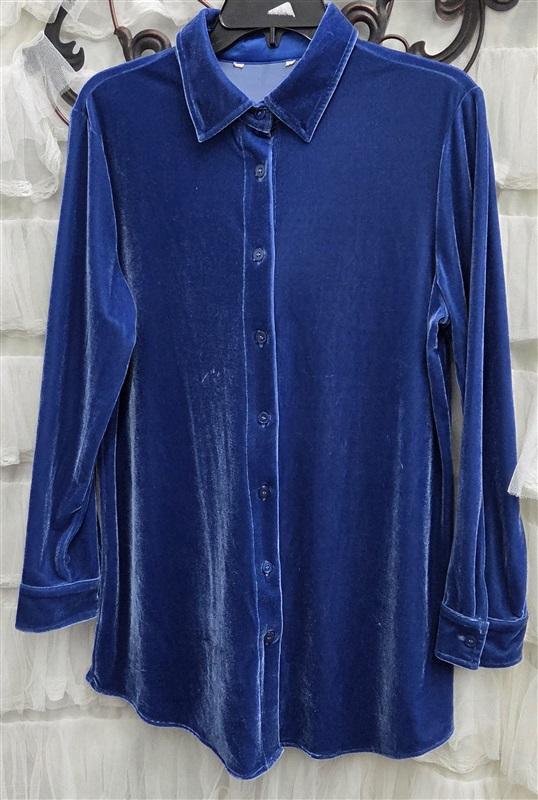 NWOT Soft Surroundings SM Blue Velvet Button Up Shirt Stretch Tunic 132501