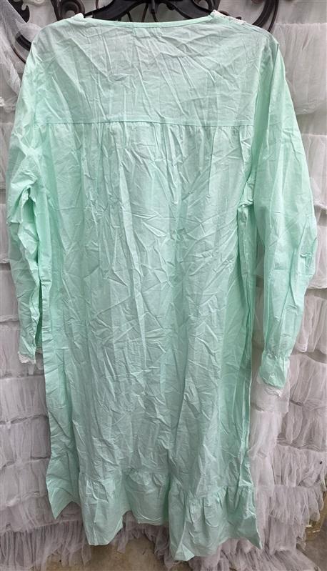 NWT Ekouaer XL Mint Green Cotton Lace Trim Button Front Nightgown 132502