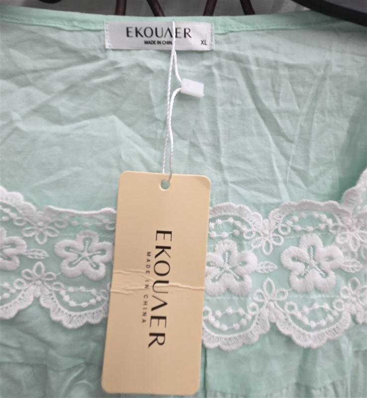 NWT Ekouaer XL Mint Green Cotton Lace Trim Button Front Nightgown 132502