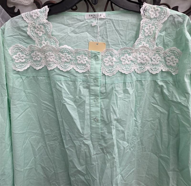 NWT Ekouaer XL Mint Green Cotton Lace Trim Button Front Nightgown 132502