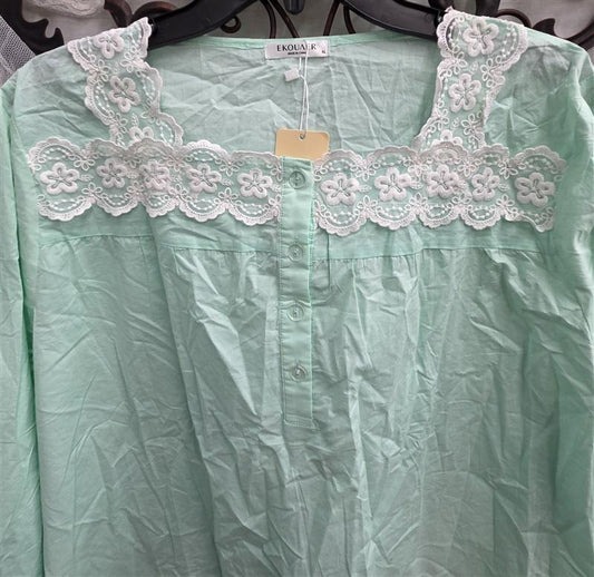 NWT Ekouaer XL Mint Green Cotton Lace Trim Button Front Nightgown 132502