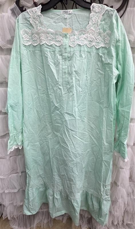 NWT Ekouaer XL Mint Green Cotton Lace Trim Button Front Nightgown 132502